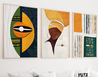 Abstract african art gallery wall set of 3 prints. Colorfulgreen yellow ethnic posters. Back woman print
