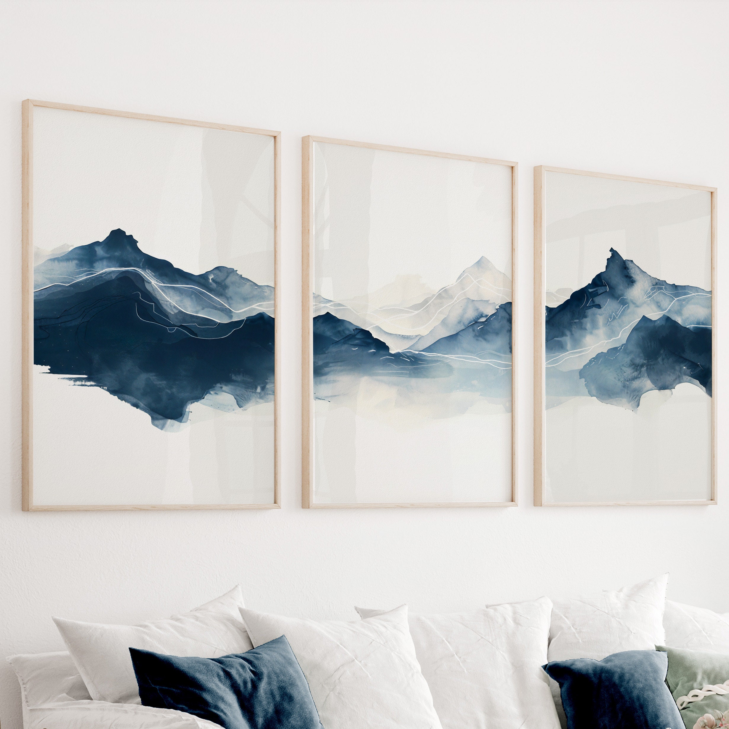 Navy Blue Abstract Mountain Set of 3 Prints. Modern Minimalist ...