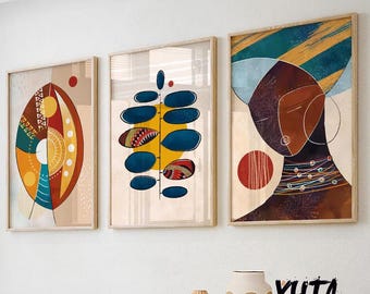 Modern colorful african american art set of 3 print. Abstract ethnic black woman gallery wall set. Contemrorary minimalist above bed decor
