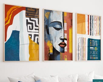 Abstract African Art Print Set of 3, Modern Colorful Ethnic Wall Decor