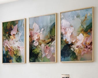 Abstract Floral Wall Art Set of 3 | Textured Pink Flower Prints | Impasto Botanical Painting Decor