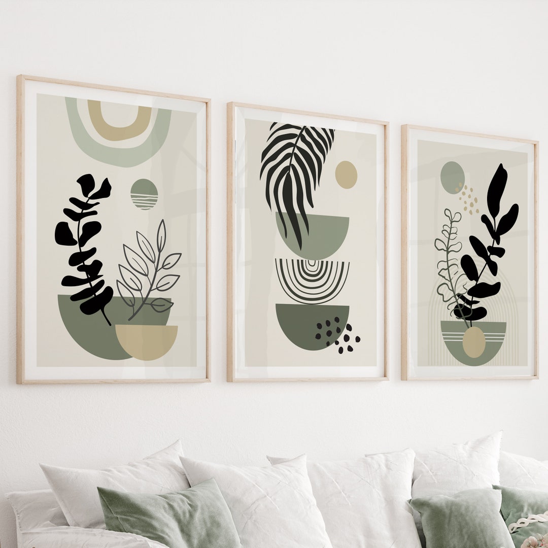 Sage Green Modern Boho Print Set of 3. Mid Century Neutral Wall Art ...