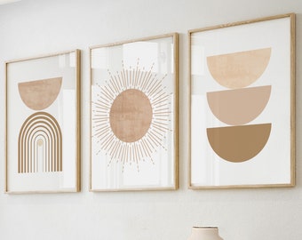 Abstract neutral beige boho print set of 3. Mid century wall art. Bohemian gallery wall set, boho wall art prints, aesthetic room decor