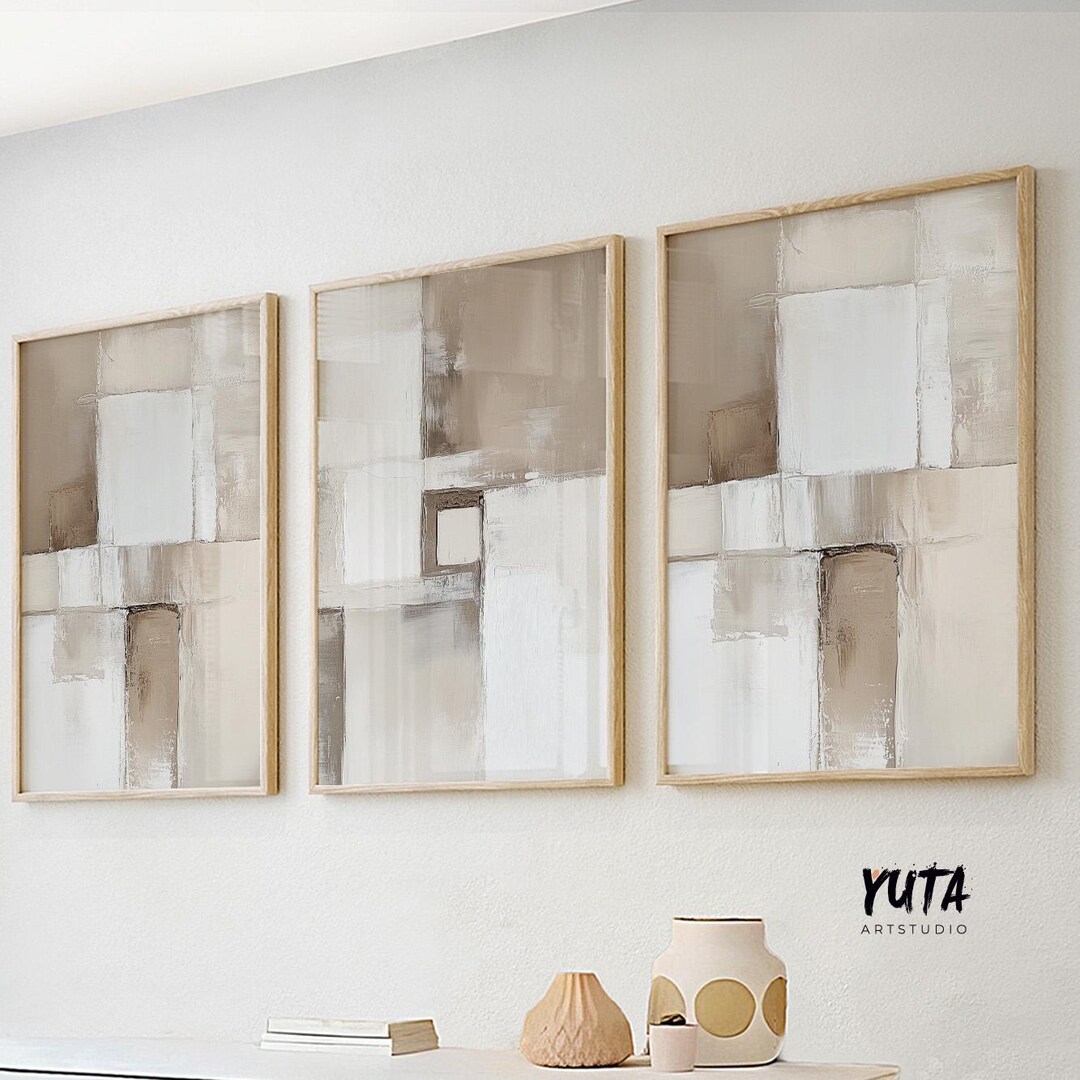 Neutral Abstract Wall Art Set of 3 – Modern Minimalist Brush Stroke ...
