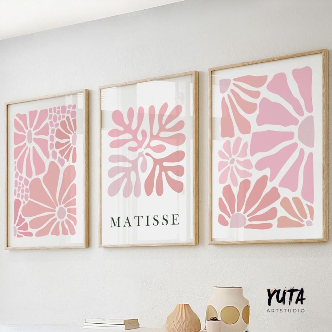Abstract Pink Floral Matisse Print Set of 3. Neutral Minimalist Mid ...