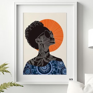 Boho black woman wall art print. Modern african american art, Minimalist female poster, black girl bohemian art