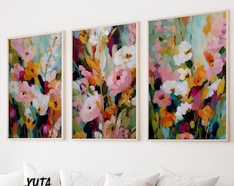 Abstract Floral Wall Art Set of 3, Colorful Modern Flower Painting Prints, Contemporary Botanical Artwork, Floral Triptych