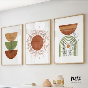 Terracotta green boho gallery wall set of 3. Mid century modern neutral gallery wall set poster. Bohemian livingroom, above bed large prints