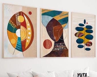 Abstract african art set of 3 prints. Colorful african american wall art, modern ethnic gallery wall set, 3 piece african art wall decor
