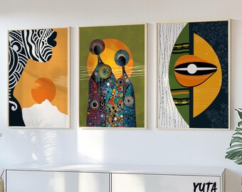 Afroamerikansk väggkonst set med 3 tryck, djärvt abstrakt porträtt av svart kvinna, modern färgglad afrikansk galleriväggdekoration