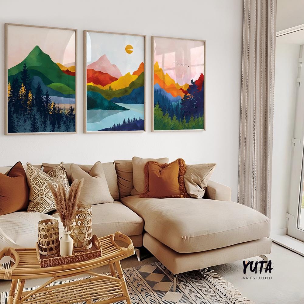 Set of 3 Vibrant Mountains Scandinavian Colorful Abstract Art Set