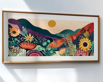 Yayoi Kusama inspired Abstract mountain art, long narrow colorful floral nature wall decor, japandi wall art vibrant panoramic print