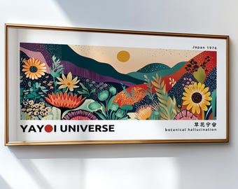 Yayoi Kusama Print Inspired Panoramic Abstract Mountains Poster, Colorful Narrow Japandi Wall Art, Floral Sunset Print, Japanese Wall Art