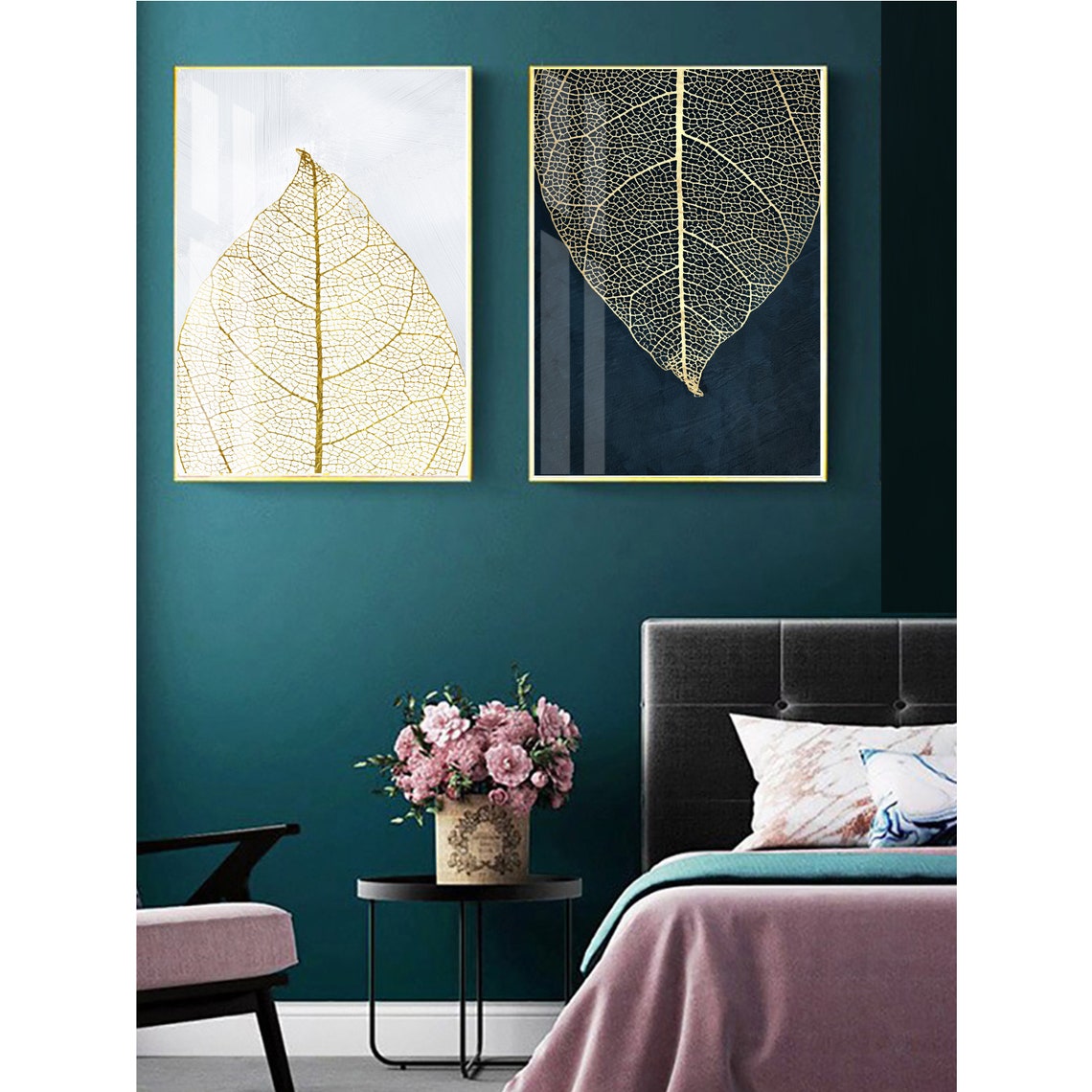 Black and gold leaves print Set of 2 Wall Art prints Etsy