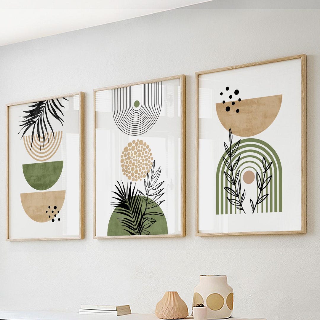 Neutral Beige Green Boho Wall Art Set of 3 Print, Mid Century Modern ...