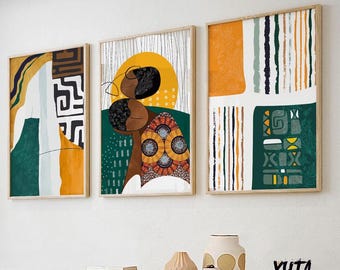 May include: Three abstract art prints with geometric shapes and patterns in shades of green, yellow, and brown. The prints are framed in wood and have a white background.