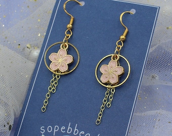 Sakura blossom pastel and gold dangle earrings|hypoallergenic, nickel-free, .925 sterling silver hooks