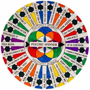 May include: A colorful "Psychic Spinner" wheel with phrases like "Pray for it," "Good as Gold," and "It is Certain." The wheel features a black arrow and a central design with overlapping circles in various colors.