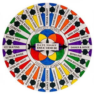 May include: A vibrant "Date Night Decider" wheel, featuring date ideas such as "Trivia Night" and "Cooking Class." The wheel has a central arrow and the text "Positivity Spinner!" around the edges, with a variety of colours.