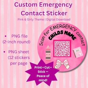 Emergency Contact Sticker for Kids – Pink & Girly Theme | Printable Safety Label | Digital Download
