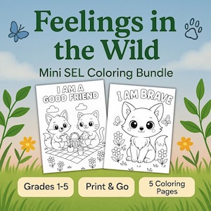 SEL Affirmation Coloring Pages for Kids – Mini Coloring Book with Cute Animals & Positive Self-Talk (5 Pages, PDF)