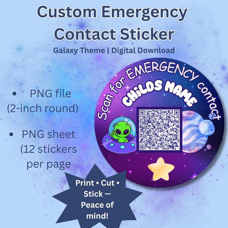 Emergency Contact Sticker for Kids – Galaxy Theme | Alien &amp; Space Safety Label | Printable QR ...