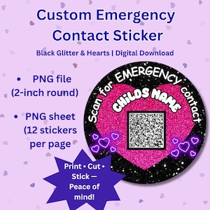 Emergency Contact QR Code Sticker: Glitter Heart Safety Label (Digital Download)