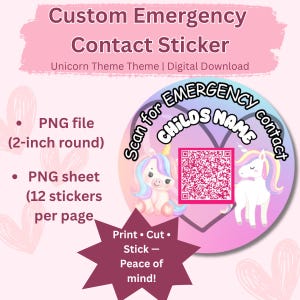 Emergency Contact Sticker for Kids – Unicorn Theme | Safety Label | Custom QR Code | Digital Download
