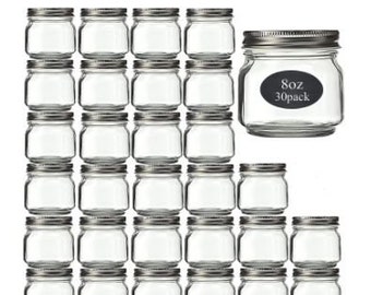 30PK | Glass Mason Jars | 8 oz Small Square Jars | Silver One Piece Lids