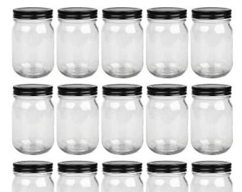 20PK | 12 oz Glass Mason Jars | Black Metal One Piece Lids, Wide Mouth Mason Jar