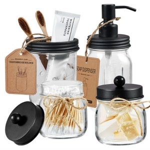 4 Pcs Mason Jar Bathroom Accessories Set Rustic Black image 1