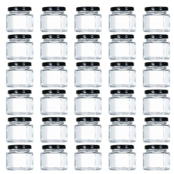 30 PACK | 1.5 oz Hexagon Honey Jars | Black/White/Silver Metal Lids