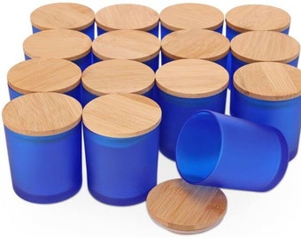 12PK | Blue Frosted Candle Jar | Wooden Bamboo Lids | 7 Oz Capacity
