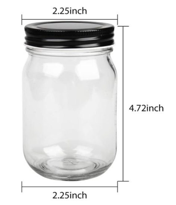 20PK 12 Oz Glass Mason Jars Black Metal Lids in One Piece 