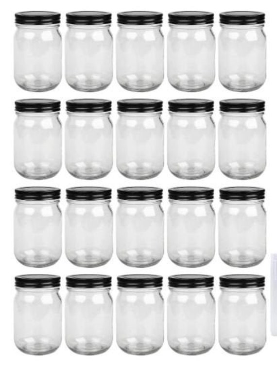 20PK 12 Oz Glass Mason Jars Black Metal Lids in One Piece 