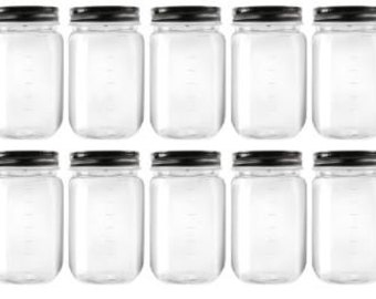 10PK| 16 oz. Plastic Mason Jars| Black Metal Lids