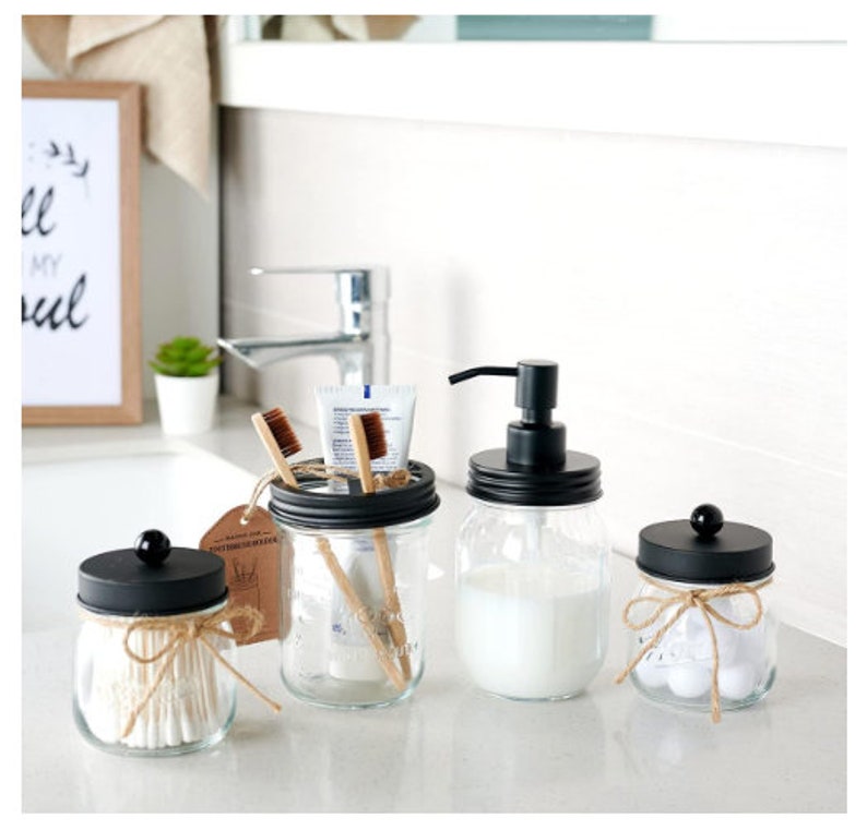 4 Pcs Mason Jar Bathroom Accessories Set Rustic Black image 3