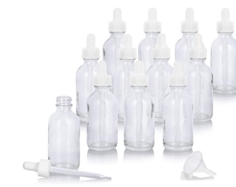 12 PACK| 2 oz Clear Glass Boston Round White Dropper Bottle