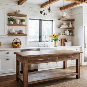 Handmade Reclaimed Wood Kitchen Island with Storage – Rustic Farmhouse Kitchen Table with Drawers – Solid Wood Counter Height Island