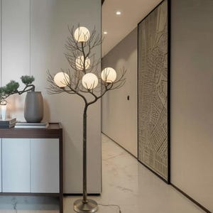 Lampadaire nordique branche d'arbre, 5 lumières LED lune en verre bullé, lampadaire moderne rustique pour décoration de salon ou de chambre à coucher