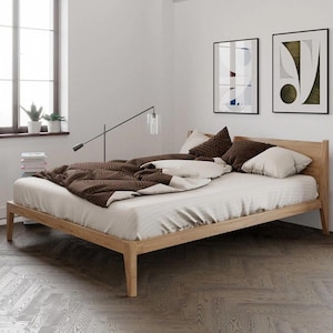 Asther Low Platform Bed Frame – Minimalist Japanese Style Queen Bed with Headboard – Solid Wood Modern Bedroom Furniture