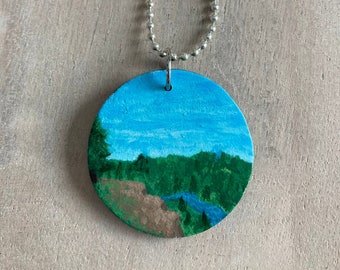Hand painted wood necklace, Landscape painting, wearable art, wood pendant