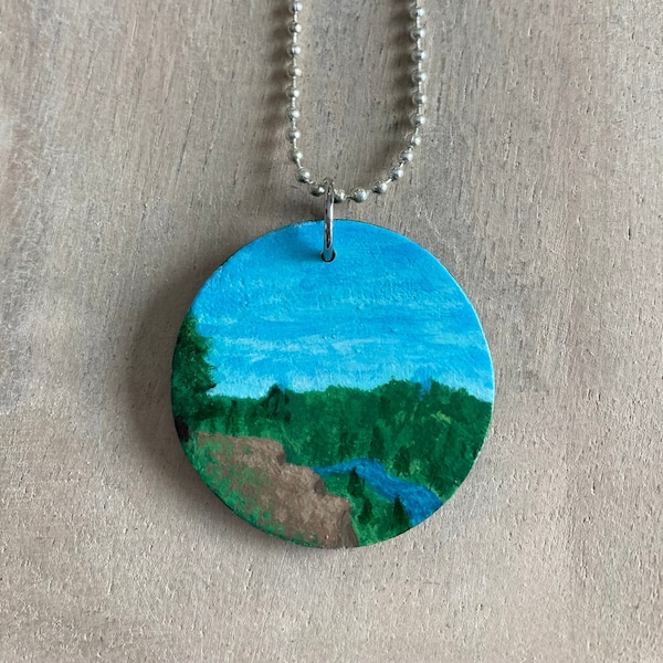 Hand painted wood necklace, Landscape painting, wearable art, wood pendant