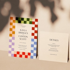 Ensemble de faire-part de mariage à carreaux rétro | TÉLÉCHARGEMENT IMMÉDIAT | Invitation imprimable | Modèle modifiable | Faire-part coloré, carte détaillée, carte RSVP