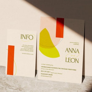 Conjunto de invitación de boda abstracta retro, DESCARGA INSTANTE, Invitación imprimible, Plantilla editable, Invitación colorida, Tarjeta de detalles, Tarjeta RSVP