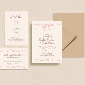 Roze hand getrokken boog bruiloft uitnodiging set | DIRECT DOWNLOADEN | Afdrukbare uitnodiging | Bewerkbare sjabloon | Uitnodigen, detailkaart, RSVP-kaart