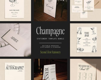 Champagne Wedding Stationery Bundle | INSTANT DOWNLOAD | Printable, Editable Templates | Invite Set, Signs, Table Numbers, Menu, Thank You