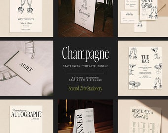 Champagne Wedding Stationery Bundle | INSTANT DOWNLOAD | Printable, Editable Templates | Invite Set, Signs, Table Numbers, Menu, Thank You