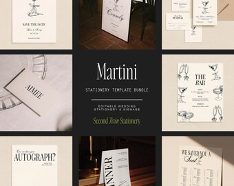 Martini Wedding Stationery Bundle | INSTANT DOWNLOAD | Printable, Editable Templates | Invite Set, Signs, Table Numbers, Menu, Thank You