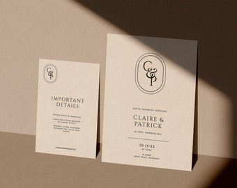 Ensemble d'invitation de mariage monogramme minimal | TÉLÉCHARGEMENT IMMÉDIAT | Invitation imprimable | Modèle modifiable | Faire-part, carte détaillée, carte RSVP